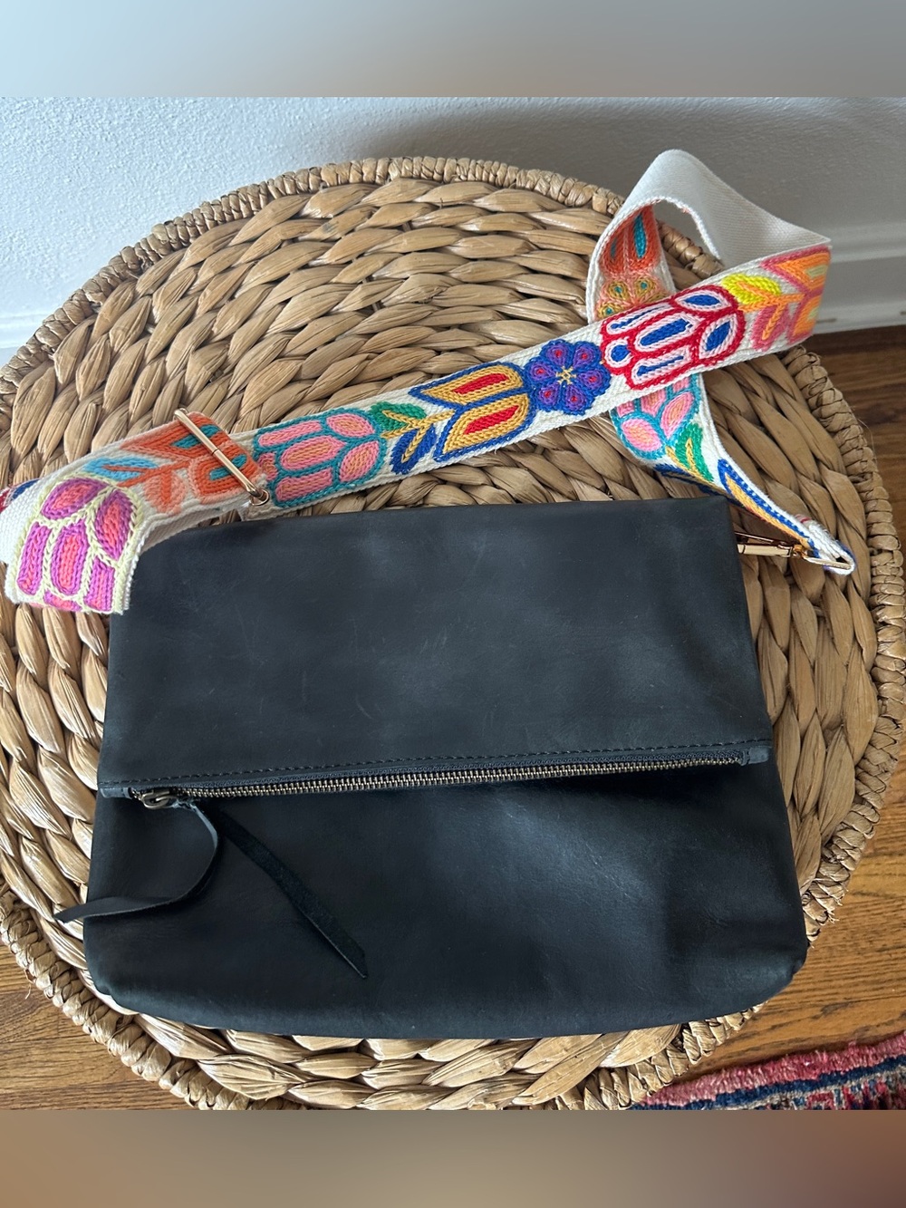 ABLE Black Genuine Leather Foldover Crossbody Bag Clutch